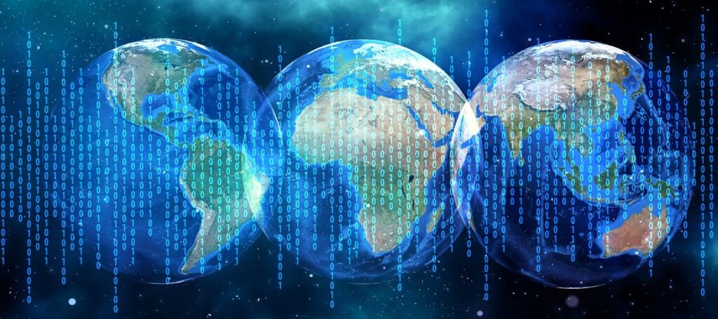 Three globes with binary data